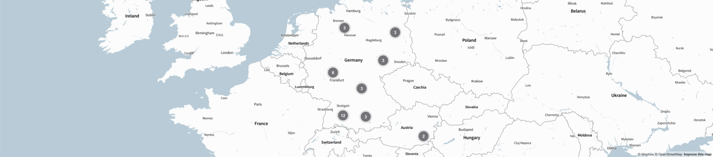 Eine Landkarate von Mitteleuropa, auf der verschiedene Standorte in Deutschland und Österreich markiert sind.